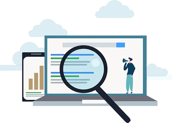 Person with a megaphone standing next to magnifying glass in front of search screen on laptop Person with a megaphone standing next to magnifying glass in front of search screen on laptop