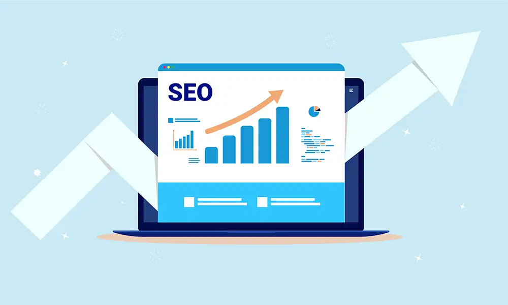 Laptop browser with SEO and chart with rising arrow